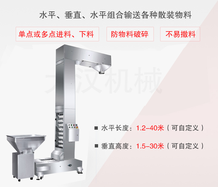 Z型斗式提升機主要用于水平、垂直、水平組合輸送散裝物料，不易撒料、物料破損率低、能單點或多點下料